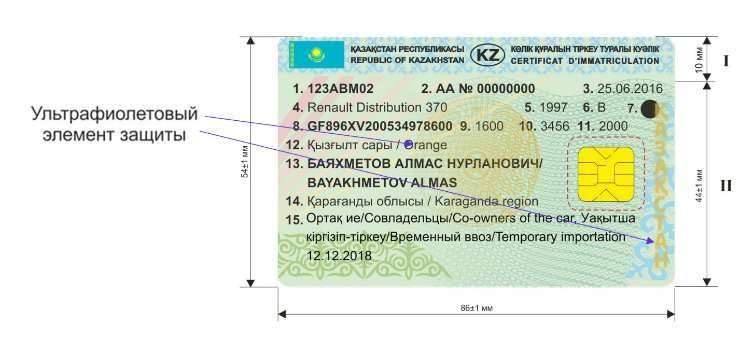 Образец свидетельства о регистрации транспортного средства (лицевая сторона)