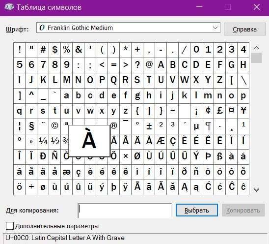 Таблица символов / Снимок экрана Windows