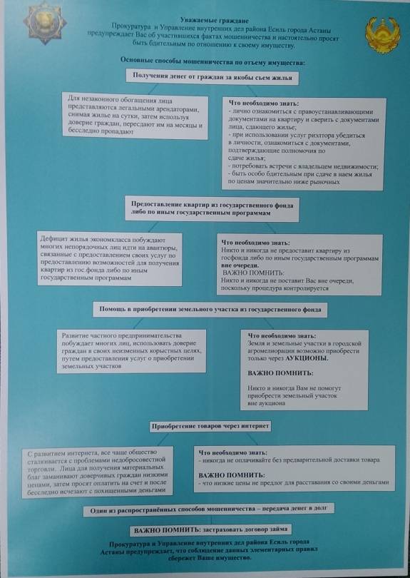 Прокуратура и УВД районЕсиль Астаны оповещает об основных способах мошенничества