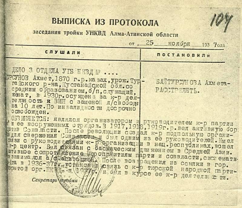 Выписка из протокола 1937 года о расстреле Ахмета Байтурсынова