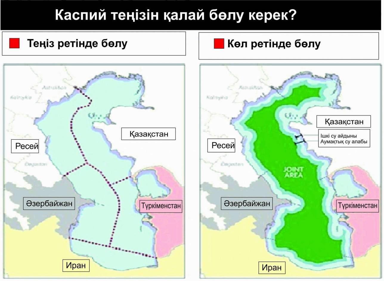 Каспийді теңіз ретінде және көл ретінде бөлуді көрсететін карта 