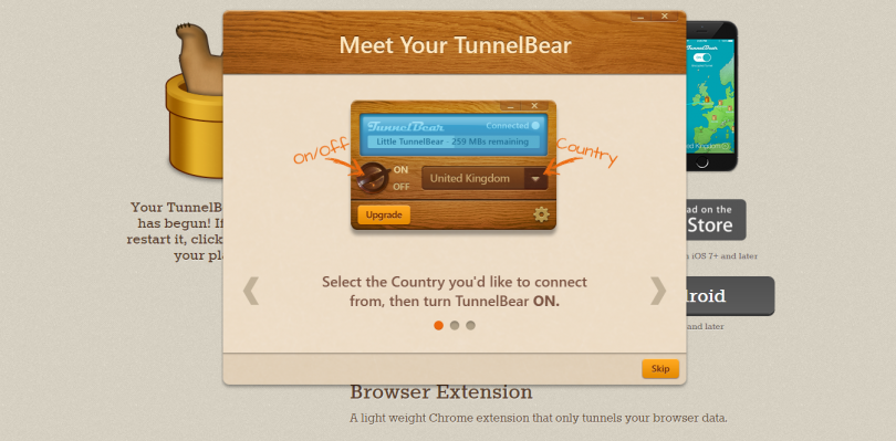 Для работы tunnelbear достаточно переключить тумблер