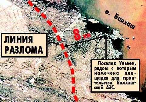 Схема расположения места предполагаемого строительства Балхашской АЭС относительно тектонического разлома