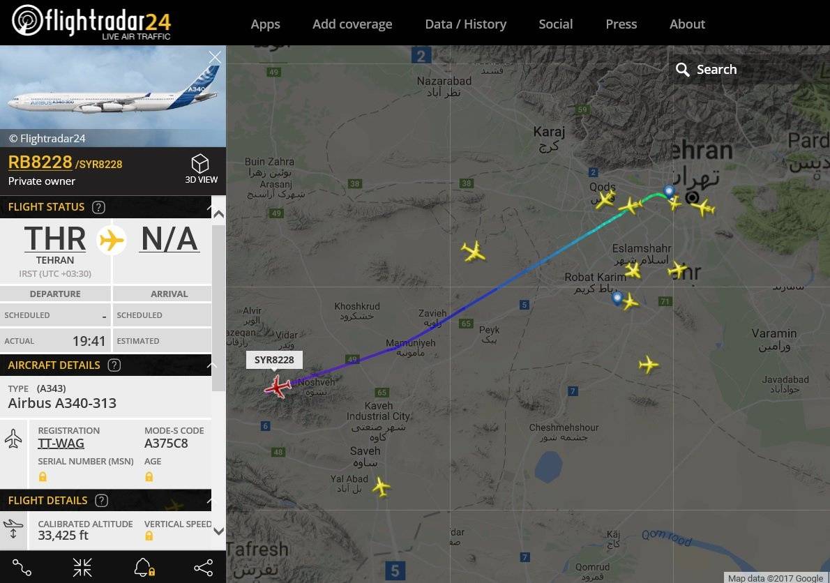 Полёт Airbus A340 с бортовым номером TT-WAG в сторону Сирии