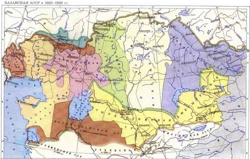 1920-1929 жылдардағы Қазақстан жерінің картасы