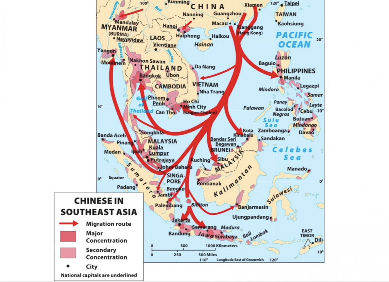 Қытай халқының оңтүстік-шығыс Азия елдеріне миграциясының картасы