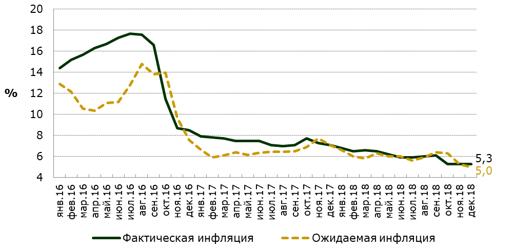 Фактическая и ожидаемая инфляция в годовом выражении